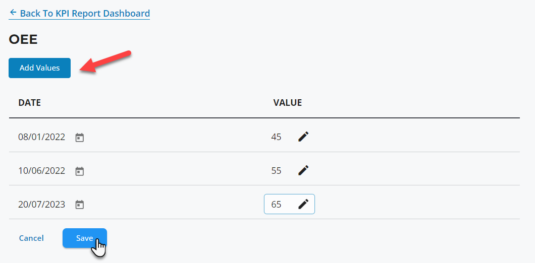 + Back To KPI Report Dashboard 
OEE 
Add Values 
DATE 
08/01/2022 
10/06/2022 
20/07/2023 
Cancel 
VALUE 
45 
55 
65 
Save 